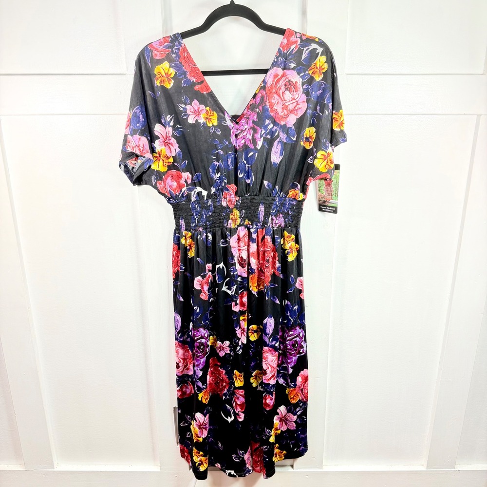 Lildy Floral Tassel Tie Back Maxi Dress Black Pink Smocked Waist L-XL NEW